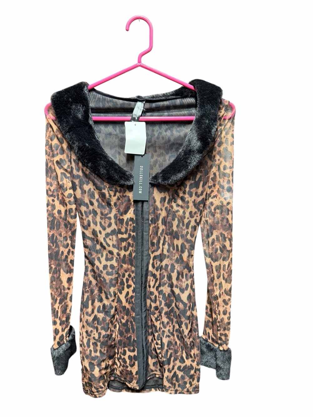 Dolls Kill Leopard Print Long Sleeve dress with Faux Fur Trim and matching bag